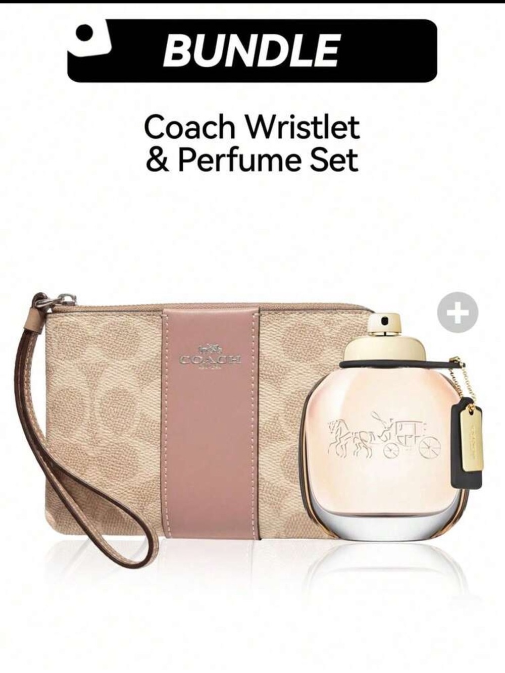 Coach Beige Canvas Wristlet with Blush Center Stripe & Blush Perfume Bottle